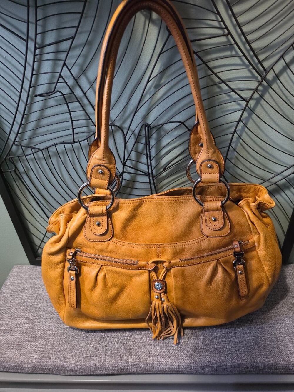 B. Makowsky | Vintage Large Warm Yellow Leather Shoulder Bag Silver Hardware